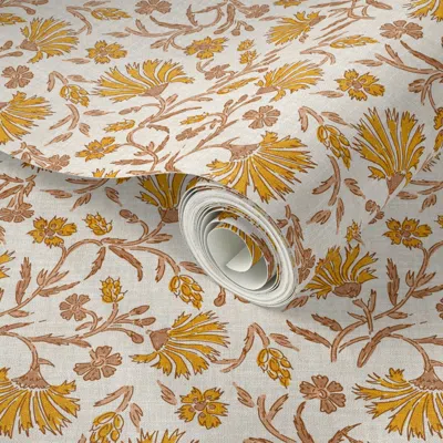 Spoonflower Peel And Stick Wallpaper Kalami Floral Mustard Light Small 2' X 12' Removable In Brown