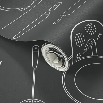 Spoonflower Peel And Stick Wallpaper Kitchen Tools (white On Charcoal) 2' X 12' Removable