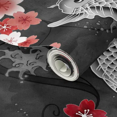 Spoonflower Peel And Stick Wallpaper Koi Sakura Blossom In Black - Tiny 2' X 12' Removable