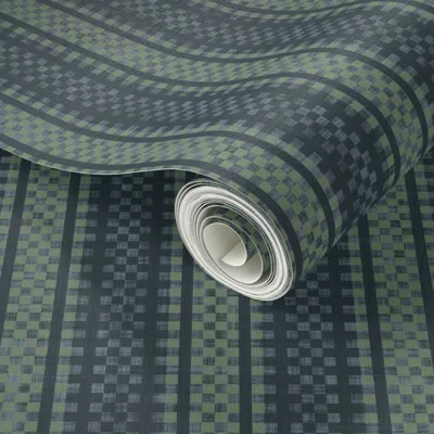 Spoonflower Peel And Stick Wallpaper L - Antique French Ticking Stripe - Cabincore Forest Green & Navy Blue 2' X