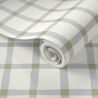 Spoonflower Peel And Stick Wallpaper (l) Baby Boy Blue Yellow Gingham Check - Jumbo Plaid Nursery Pattern 2' X 1 In Green