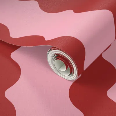 Spoonflower Peel And Stick Wallpaper L Big Squiggle Mod Groovy Stripes Mid Century Modern Pink & Maroon 2' X 12'