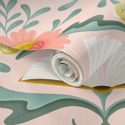 Spoonflower Peel And Stick Wallpaper (l) Books Disguised As Flowers Maximalist Folk Art Book Library Pink Teal 2