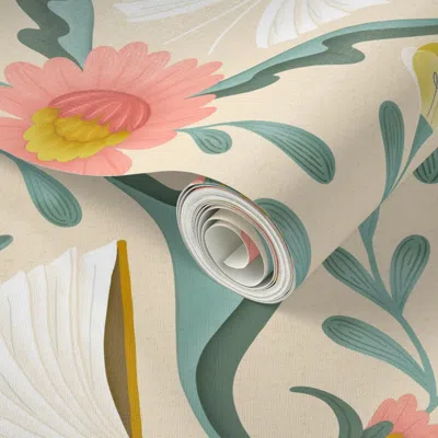 Spoonflower Peel And Stick Wallpaper (l) Books Disguised As Flowers Maximalist Folk Art Book Library Pink Teal 2