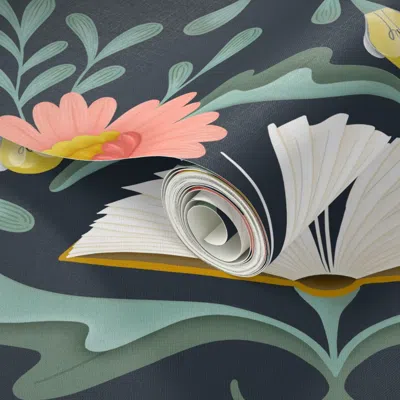 Spoonflower Peel And Stick Wallpaper (l) Books Disguised As Flowers Maximalist Folk Art Book Library Pink Teal 2