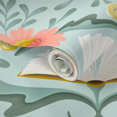 Spoonflower Peel And Stick Wallpaper (l) Books Disguised As Flowers Maximalist Folk Art Book Library Pink Teal 2