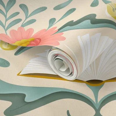 Spoonflower Peel And Stick Wallpaper (l) Books Disguised As Flowers Maximalist Folk Art Book Library Pink Teal 2 In Multi