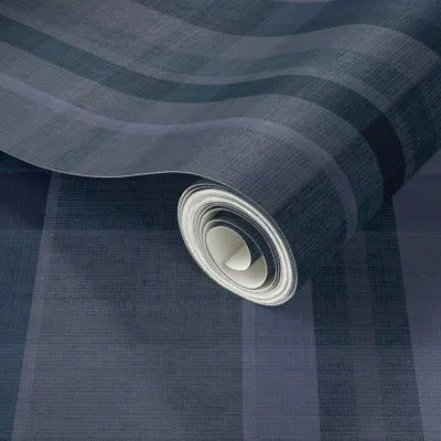 Spoonflower Peel And Stick Wallpaper L Cabincore Cozy Plaid - Winter Hygge Grasscloth Textured Coastal Navy Blue