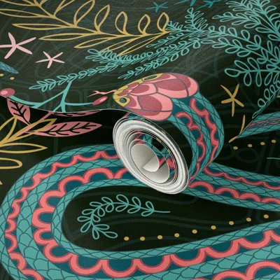 Spoonflower Peel And Stick Wallpaper (l) California Garter Snakes - Whimsical Dark Stylized Colorful Snakes 2' X In Blue