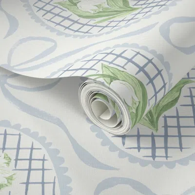 Spoonflower Peel And Stick Wallpaper (l) Cottagecore Lily Of The Valley Cameo Frames & Bows In Beacon Gray Blue 