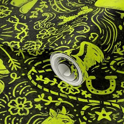 Spoonflower Peel And Stick Wallpaper (l) Cowpoke Damask - Neon Chartreuse & Black - Western Americana Horses  Re In Multi