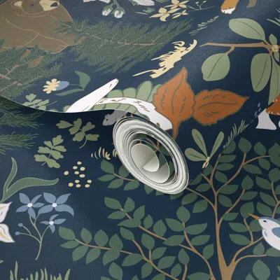 Spoonflower Peel And Stick Wallpaper (l) Forest Biome Home To Fox Bear Deer Birds Flora And Fauna In Deep Blue 2 In Multi