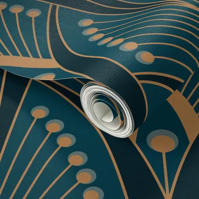Spoonflower Peel And Stick Wallpaper (l) Geometric Art Deco Peacock Feathers Teal 2' X 12' Removable