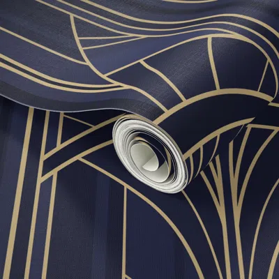 Spoonflower Peel And Stick Wallpaper (l) Golden20s Art Deco Intertwined Architectural Arcs Dark Blue Gold 2' X 1