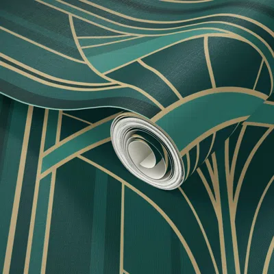 Spoonflower Peel And Stick Wallpaper (l) Golden20s Art Deco Intertwined Architectural Arcs Light Blue Gold 2' X 