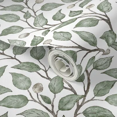 Spoonflower Peel And Stick Wallpaper (l) Green Watercolor Leaves On White Background L Scale 2' X 12' Removable