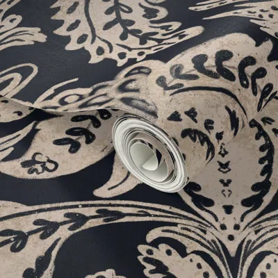 Spoonflower Peel And Stick Wallpaper L Heritage Handdrawn Victorian Damask Textured Beige On Blue Black Texture 