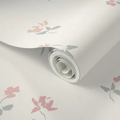 Spoonflower Peel And Stick Wallpaper (l) Little Roses - Small Simple Floral In Pink And Green On Cream 2' X 12' 