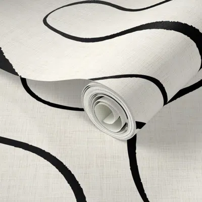 Spoonflower Peel And Stick Wallpaper L - Mid-mod Serene Flow - Black Lines On Warm Stone Linen  Removable