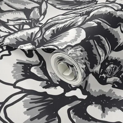 Spoonflower Peel And Stick Wallpaper (l) Monochrome Painted Neutral Black Peony Floral Line Art On Off White 2' 