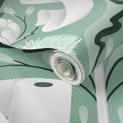 Spoonflower Peel And Stick Wallpaper (l) Toilet Aesthetics - Fresh Green Damask Toilet Paper And Toilet Brush 2'