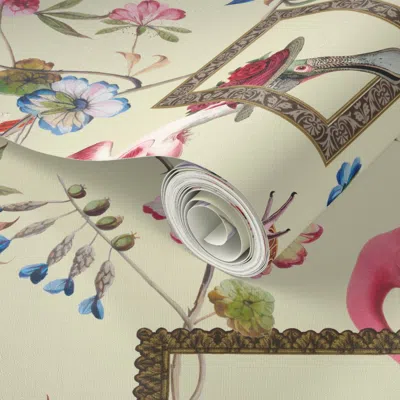 Spoonflower Peel And Stick Wallpaper L Vintage Chinoiserie Flamingo And Crane In Ornate Frames With Floral Vines