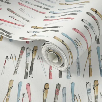 Spoonflower Peel And Stick Wallpaper (l) Watercolor Winter Snow Skis Offwhite Large Scale 2' X 12' Removable