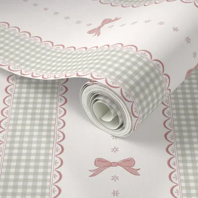 Spoonflower Peel And Stick Wallpaper Lacey Preppy Gingham Ribbons & Bows - Mint Green & Pink - Large Repeat 2' X