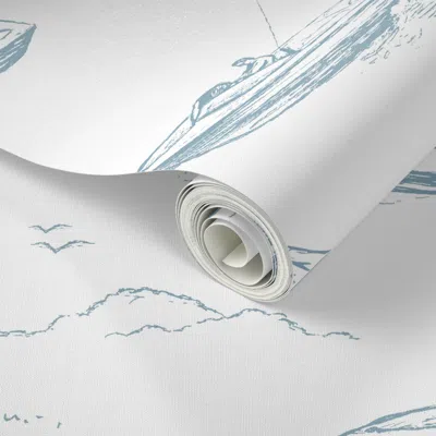 Spoonflower Peel And Stick Wallpaper Lake House  Of Water Skiers On Boat In White & Blue 2' X 12' Removable