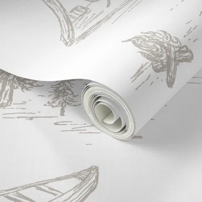 Spoonflower Peel And Stick Wallpaper Lake Life Toile In Tan & White For Forest Theme Home Decor & 2' X 12' Remov