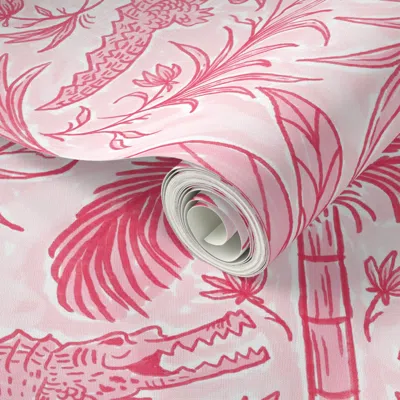 Spoonflower Peel And Stick Wallpaper Lana - Crocodile Palm Tree Damask - Delft Flamingo Pink 2' X 12' Removable