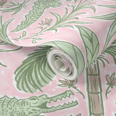Spoonflower Peel And Stick Wallpaper Lana - Crocodile Palm Tree Damask - Herb Green & Flamingo Pink 2' X 12' Rem