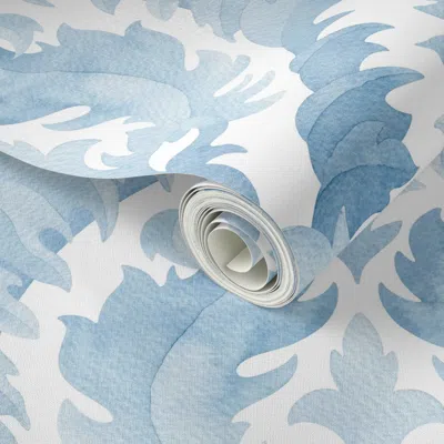 Spoonflower Peel And Stick Wallpaper (large) Acanthus Leaves - Watercolour Damask Light Blue 2' X 12' Removable