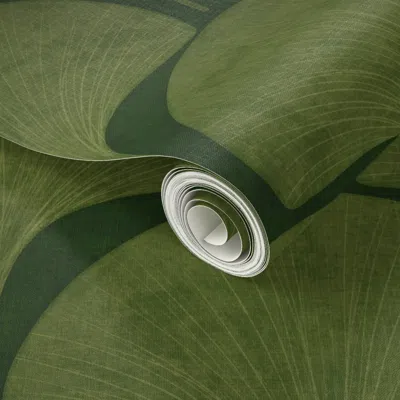 Spoonflower Peel And Stick Wallpaper Large / Antique Ginkgo Art Deco Scallop / Dark & Moody Deep Forest Green 2'
