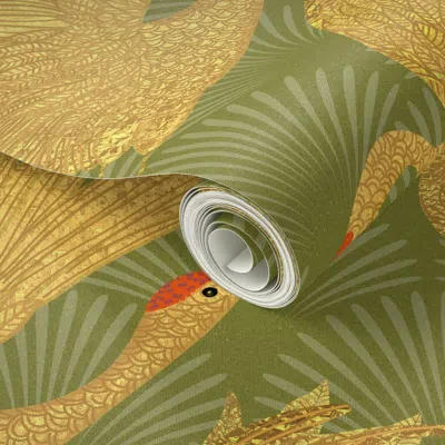 Spoonflower Peel And Stick Wallpaper Large Art Deco Crane Marsh Sage 2' X 12' Removable