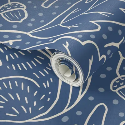 Spoonflower Peel And Stick Wallpaper Large Autumnal Acorn And Squirrel Damask - East Fork Navy Blue Ridge 2' X 1