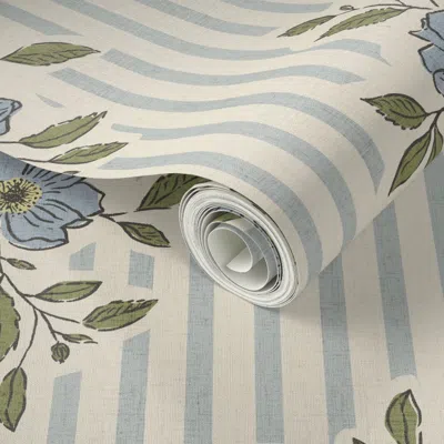 Spoonflower Peel And Stick Wallpaper Large Block Print Floral - Preppy Coastal Grandmilennial - Soft Blue Green 