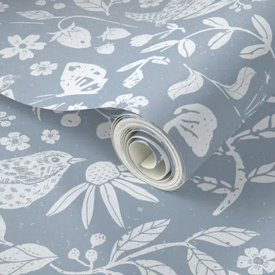 Spoonflower Peel And Stick Wallpaper (large) Block Print Textured Wren In Hedgerow Soft Blue And White 2' X 12' 