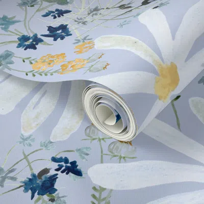 Spoonflower Peel And Stick Wallpaper Large Blue And White Daisy Flowers Navy Sky Hand Painted Girl Bedroom 2' X 