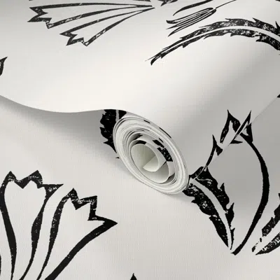 Spoonflower Peel And Stick Wallpaper Large - Boho Florals Block Printed Bold Black And White Vintage Cottagecore