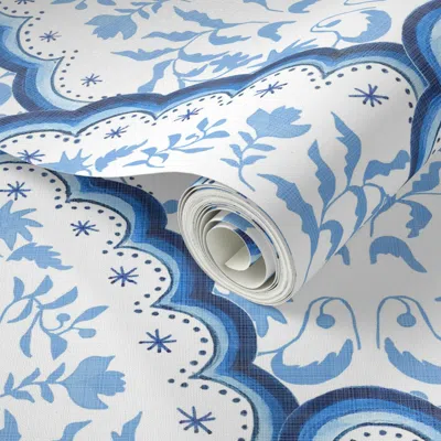 Spoonflower Peel And Stick Wallpaper Large Bright Blues Scallop Paisley 2' X 12' Removable