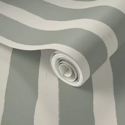 Spoonflower Peel And Stick Wallpaper Large Cozy 1" Stripe Of Pale Dune Beige & Sagebrush Mist Green Earth Tones 