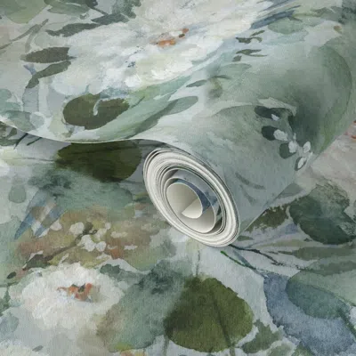 Spoonflower Peel And Stick Wallpaper Large - Delicately Painted Flowers For Garden Lovers In Green And Blue 2' X