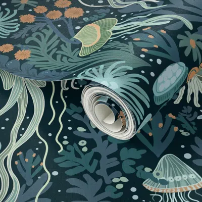 Spoonflower Peel And Stick Wallpaper Large - Jellyfish 2' X 12' Removable In Blue