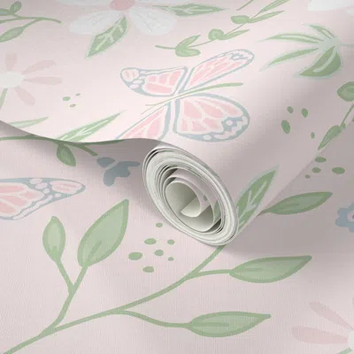 Spoonflower Peel And Stick Wallpaper Large - Modern Tossed Floral - Blush Pink Green - Preppy Girl Floral 2' X 1