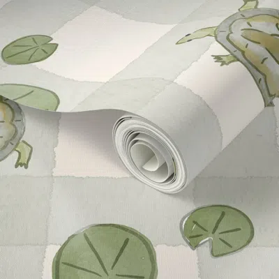 Spoonflower Peel And Stick Wallpaper (large) Pond Friends Gingham - Dusty Green - Watercolor Nursery Turtles 2' 