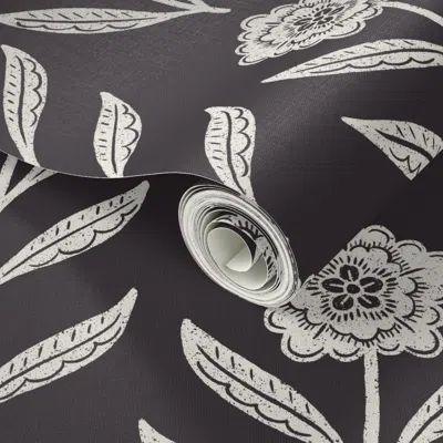 Spoonflower Peel And Stick Wallpaper (large) Rustic Block Print Indian Floral - Jet Black - Modern Farmhouse 2' 