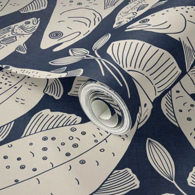 Spoonflower Peel And Stick Wallpaper Large - Rustic Freshwater Fish Block Print - Ivory On Navy Blue  Removable