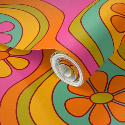 Spoonflower Peel And Stick Wallpaper Large Scale Groovy 60s Flower Pattern - Neon Rainbow 2' X 12' Removable