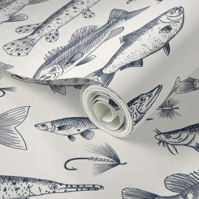 Spoonflower Peel And Stick Wallpaper Large Scale - Navy Freshwater Fish Toile  Removable In Blue